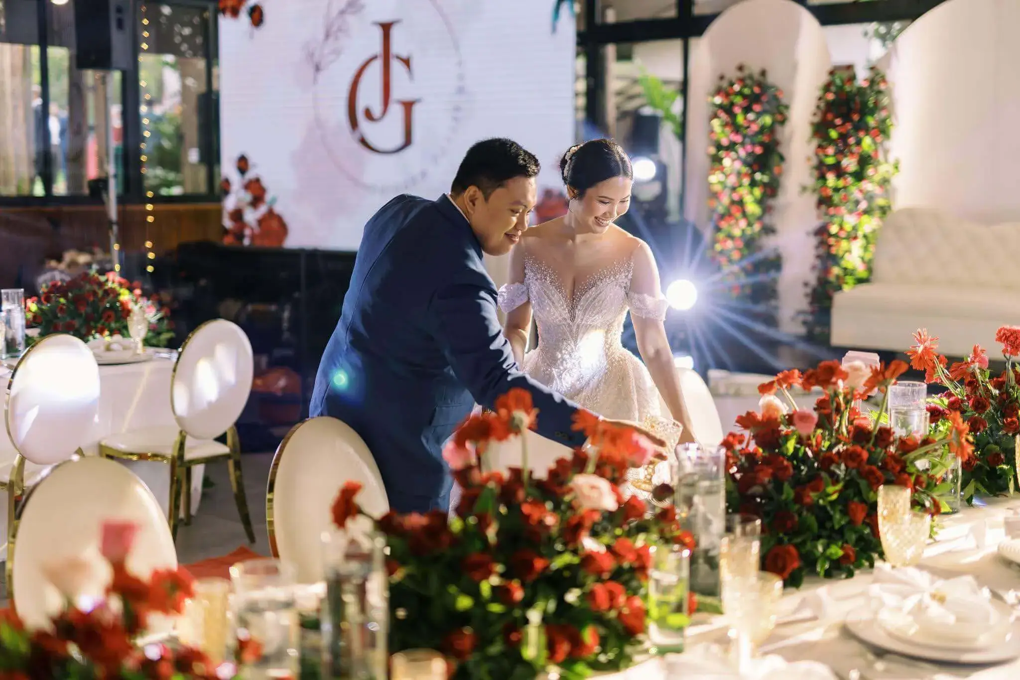 Smiling Couple at Wedding Reception